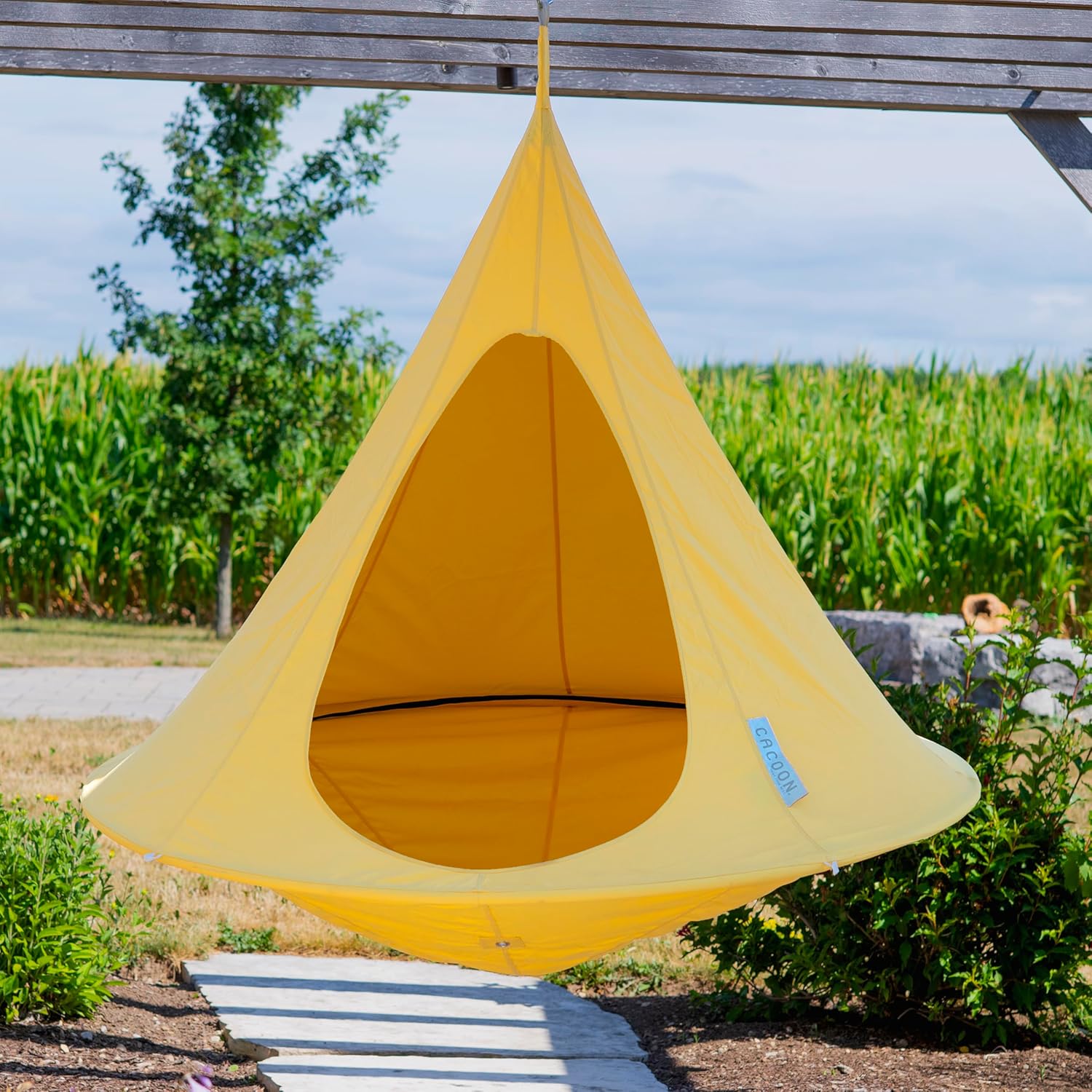 Single Cacoon Hanging Chair – Cozy Indoor/Outdoor Hammock with Polyester Canvas, 440 lb Capacity, Includes 18ft Rope & Carabiner (Lemonade)