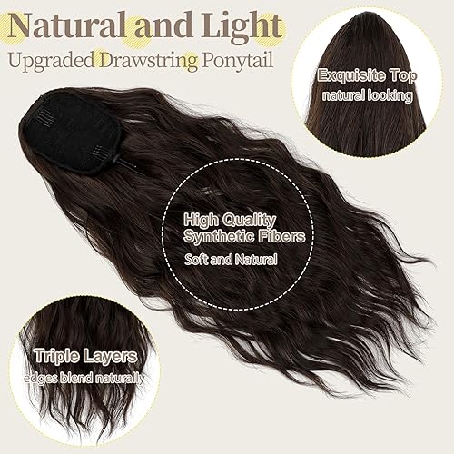 Miniatura 5 de Extensión de cola de caballo de 24 pulgadas de largo, rizado, ondulado, con cordón, extensiones de cabello sintético para mujer, uso diario, color
