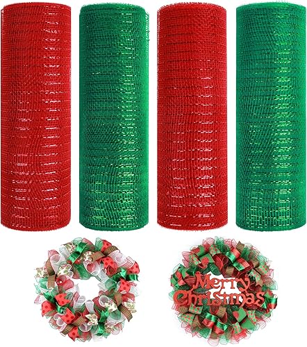 4 rollos de cinta de malla decorativa de Navidad para suministros de fabricación de coronas, 10 pulgadas x 30 pies, cinta metálica para hacer