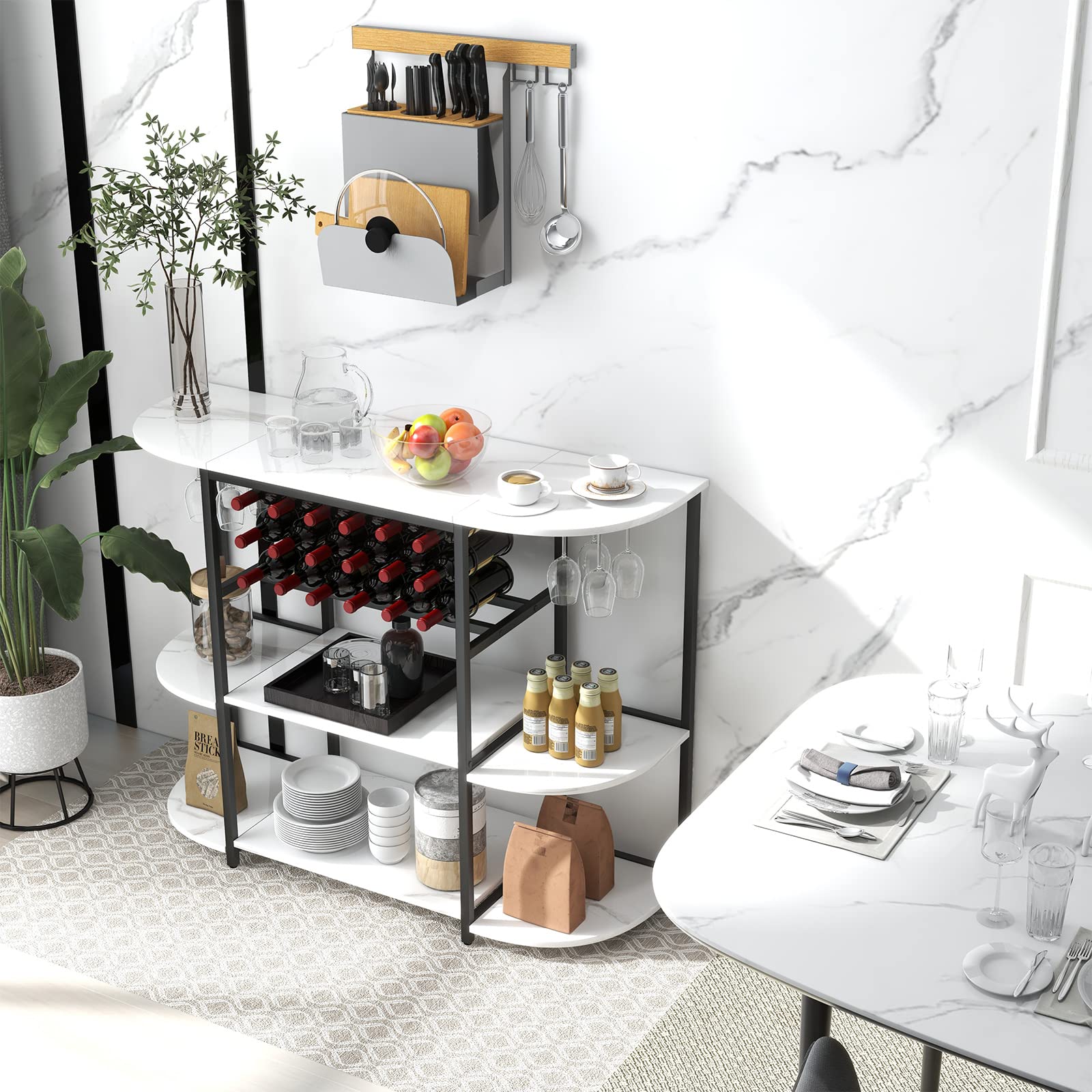 COSTWAY 120cm Weinregal mit Glashalter & Regalen, 3 Ebenen Flaschenregal für 18 Weinflaschen & 8 Gläser, 120 x 40 x 91 cm (Weiß)