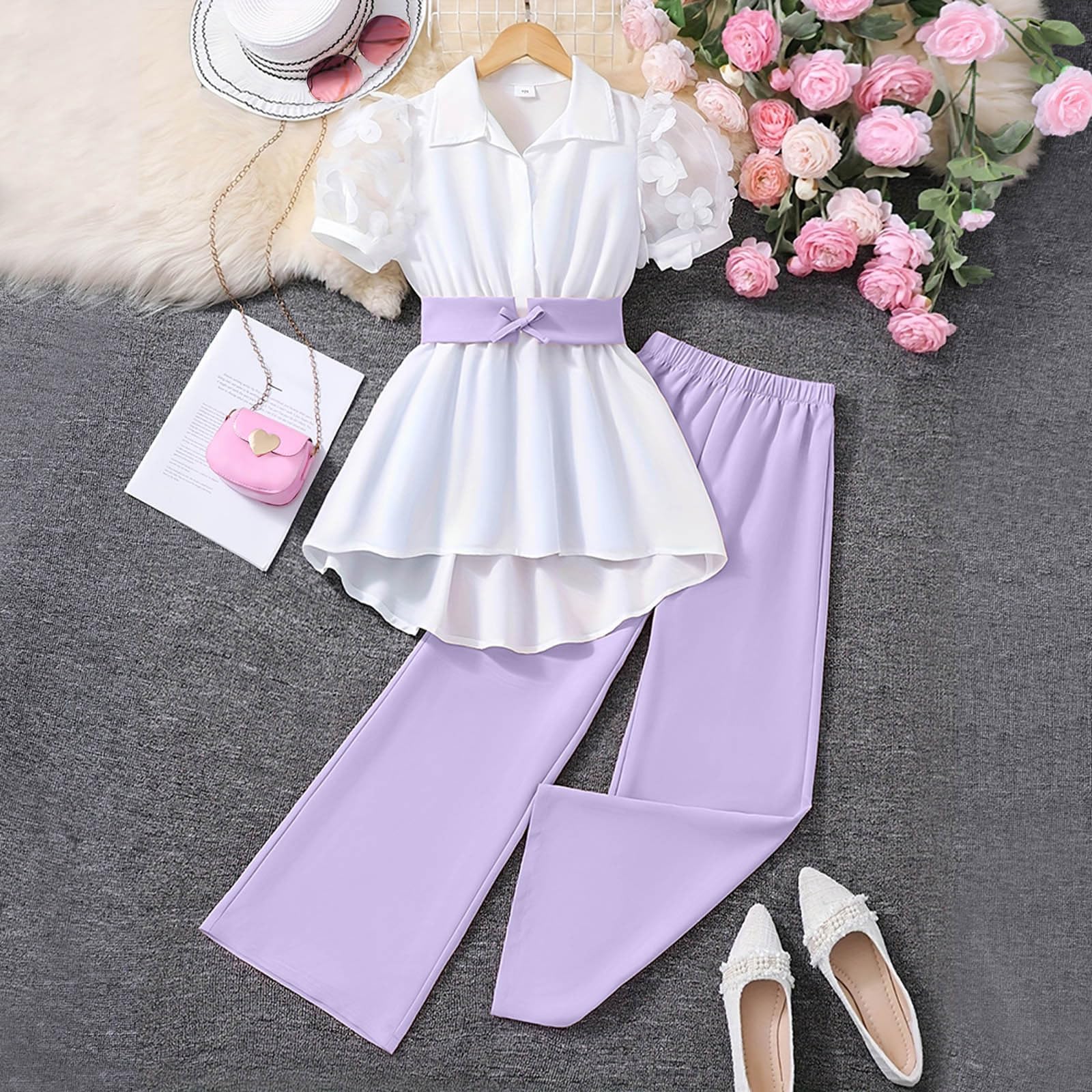 Ensemble Ete Enfant Fille Fashion Pantalon Et Blouse Manche Courte Ado Fille Chic Et élégant Leger Fluide Ample Vacances Casual Plage Soirée 7-12 ans
