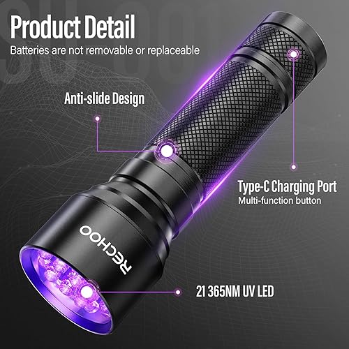Miniatura 4 de RECHOO Linterna UV de luz negra, 21 LED 395 nm, linterna recargable ultravioleta, luz UV, linternas portátiles impermeables para detección de orina