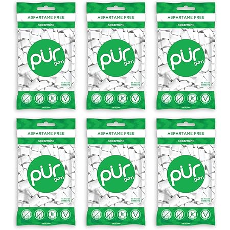 PUR 100% Xylitol Chewing Gum, Spearmint, Sugar-Free + Aspartame Free, Vegan + non GMO, 55 Count (Pack of 6)
