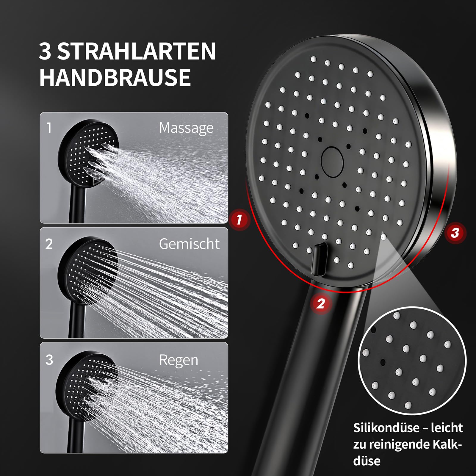 HOMELODY Duschsystem mit Armatur Schwarz - Regendusche mit Armatur LED Temperature Display, 25 cm Rund Regendusche, 3 Strahlarten Duschkopf,Duscharmatur Komplettset, Duschset