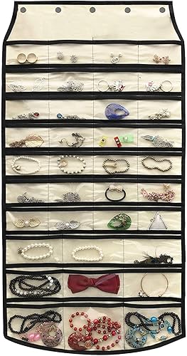 Miniatura 29 de BB Brotrade Organizador colgante de joyas, organizador de accesorios, organizador de 56 bolsillos para guardar joyas (Beige-56 bolsillos)