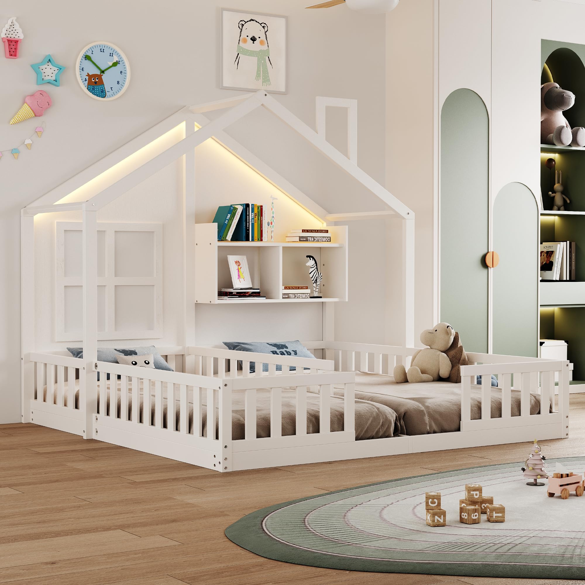 Lettino per Bambini 90×200 cm, Letto Matrimoniale Indipendente in Stile Casa, Funzione Atmosferica, Recinzione di Sicurezza e Superfici di Appoggio, Legno + MDF, Completo di Rete a Doghe per