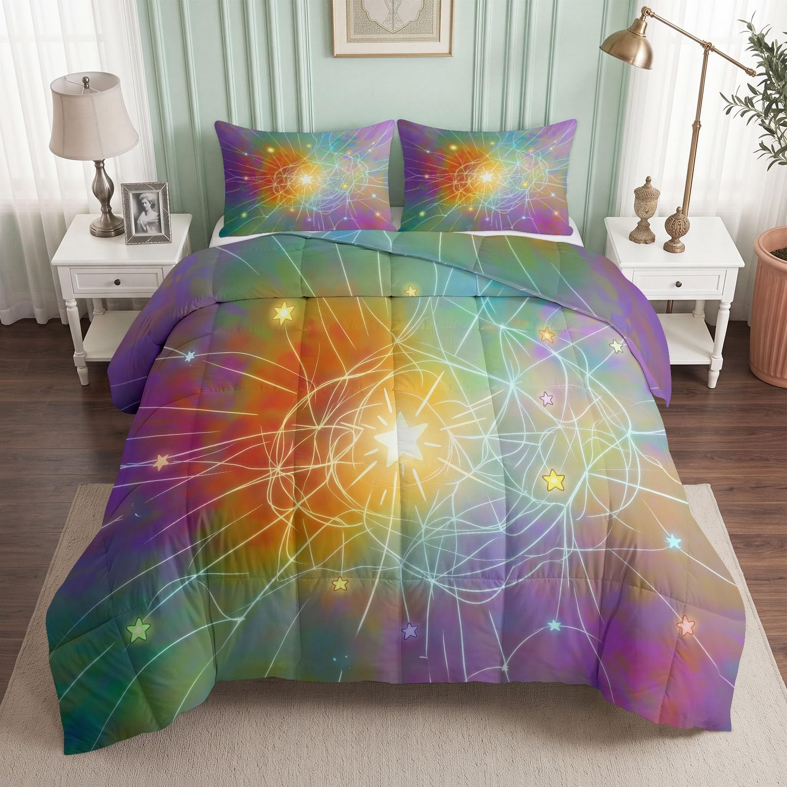 Générique Point Central Aurore Boreale - Piumino 200 x 220 cm, 4 stagioni, moderno astratto per bambini, con copripiumino stampato, senza copripiumino, 2 persone, Edredon reversibile