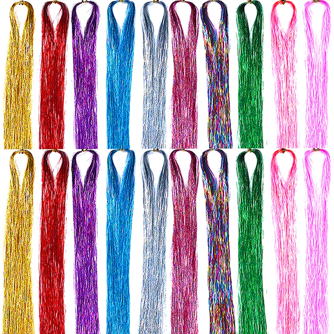 20 Packs 43 Inch Tinsel Hair Extensions 10 Colors 2 Pack/Color 4000 Strands Colorful Hair Tinsel for Women Girls Sparkling Shiny Glitter Hair for