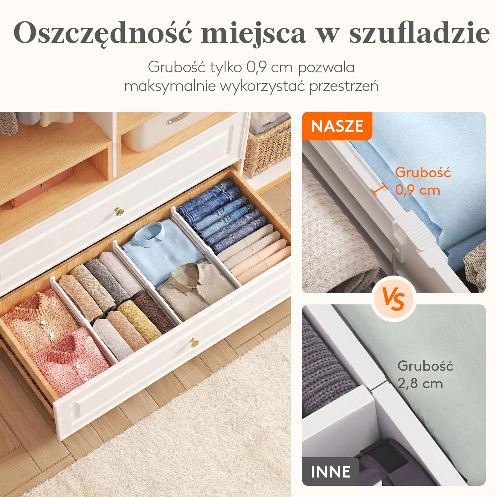Lifewit 4-pakt głębokich przegród szufladowych o wysokości 15,2 cm, 29,2-47 cm rozszerzalne przegródki na ubrania do szuflad, regulowane organizery do szuflad komody, białe separatory szufladowe do