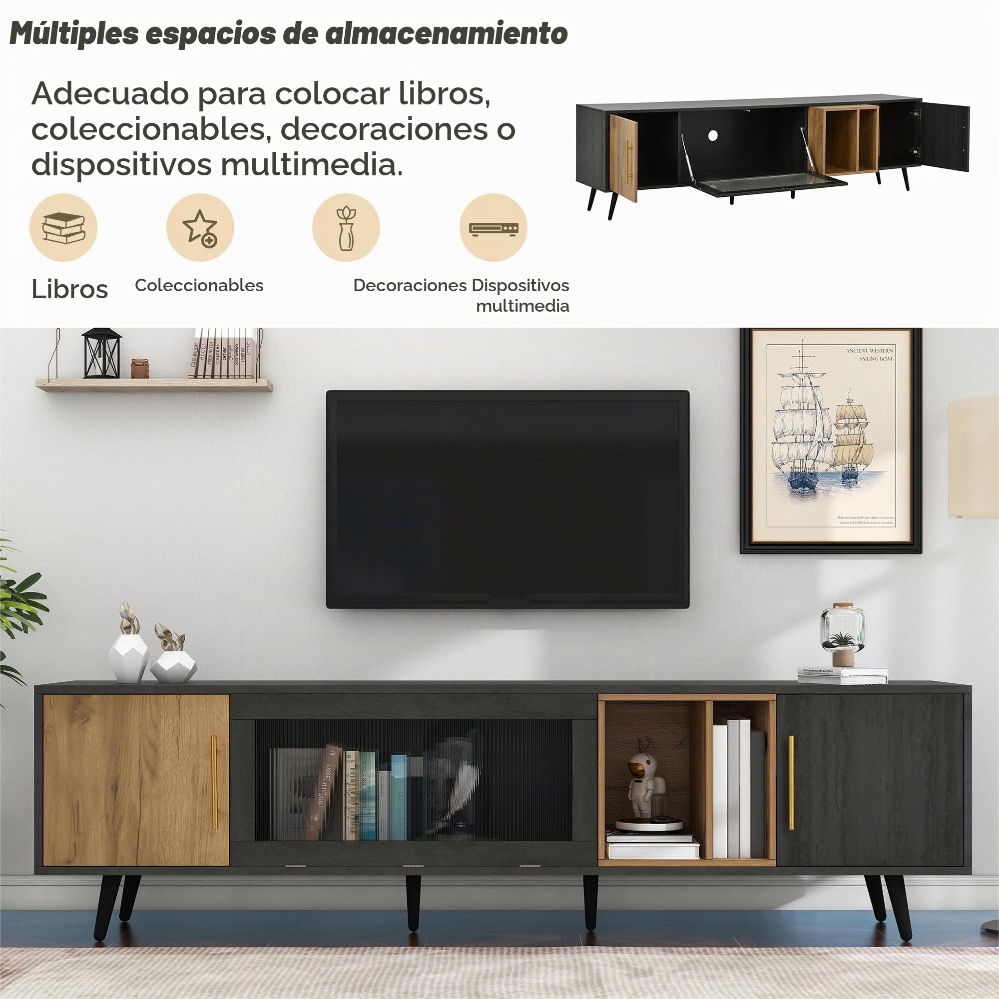 LAKFEW Mueble TV 200cm de hasta 90 Pulgadas, Mueble TV Salon con 3 Puertas, Muebles de Salon con Compartimento de Almacenamiento Abierto, Mueble Television, Muebles Salon, 200x40x55.5 cm, Gris+Marrón