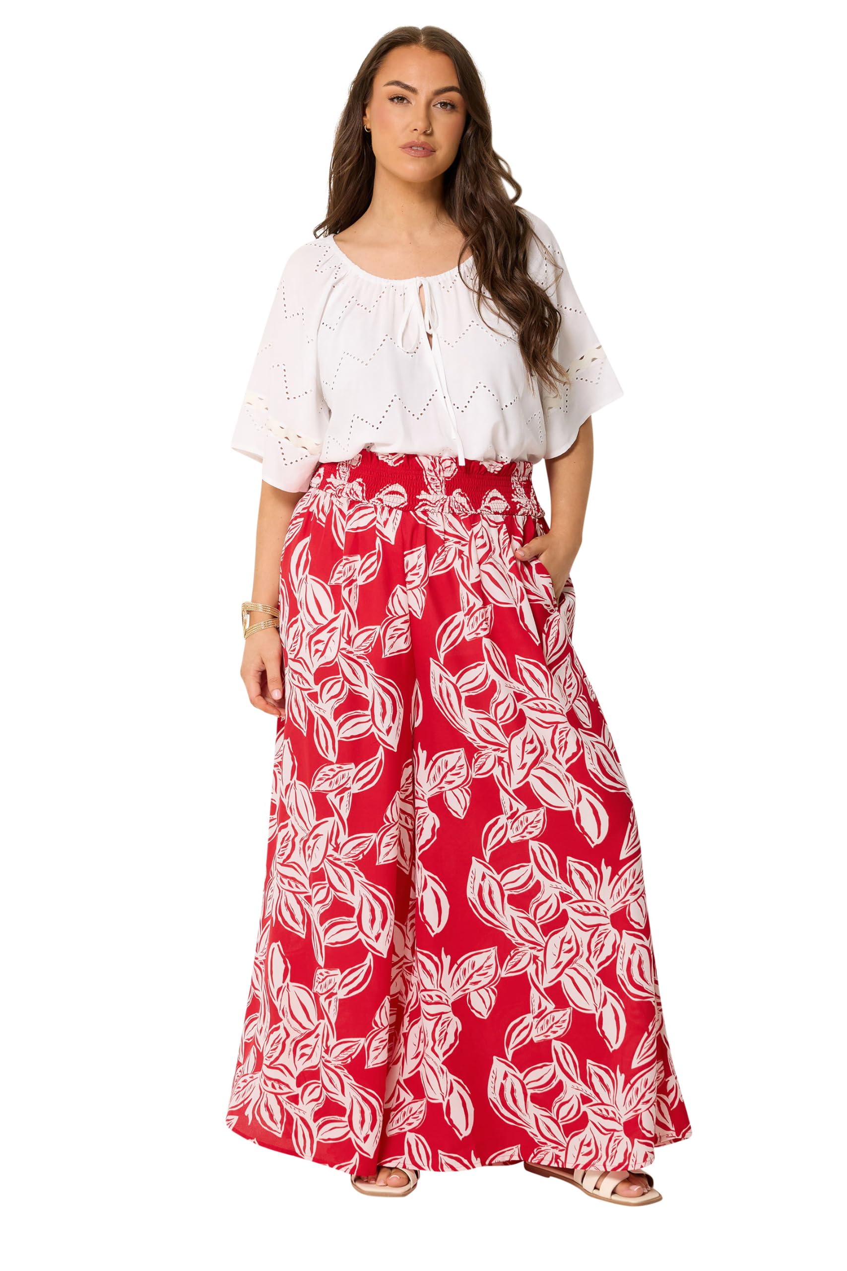 Yours Women's Palm Leaf Wide Leg Trousers in Red | Size: 22-24S