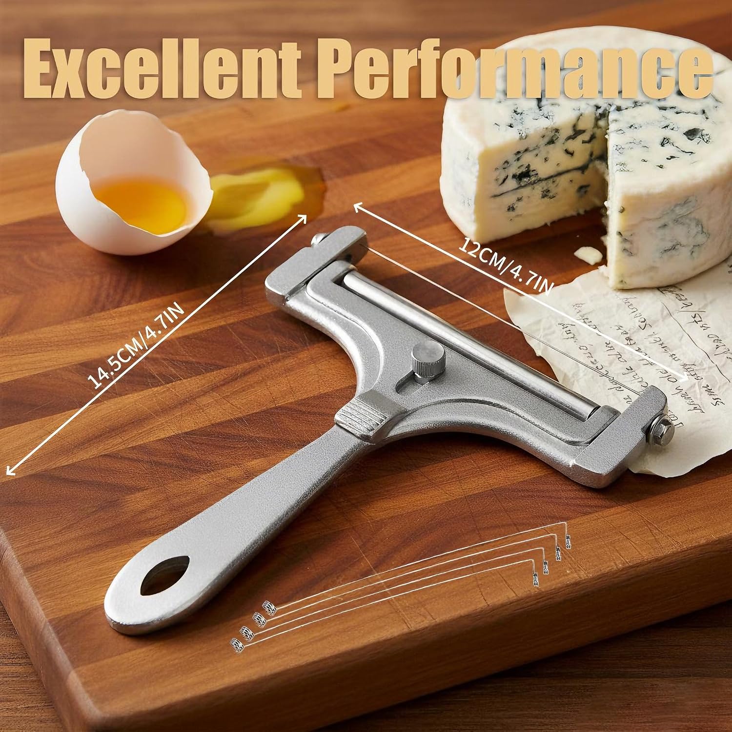 OYEWALLS Adjustable Wire Cheese Slicer for Block Cheese, Handheld Stainless Steel Cheese Cutter with 4 Extra Wires, Premium Rolling Cheese Wire Slicer for Mozzarella, Cheddar, Gruyere