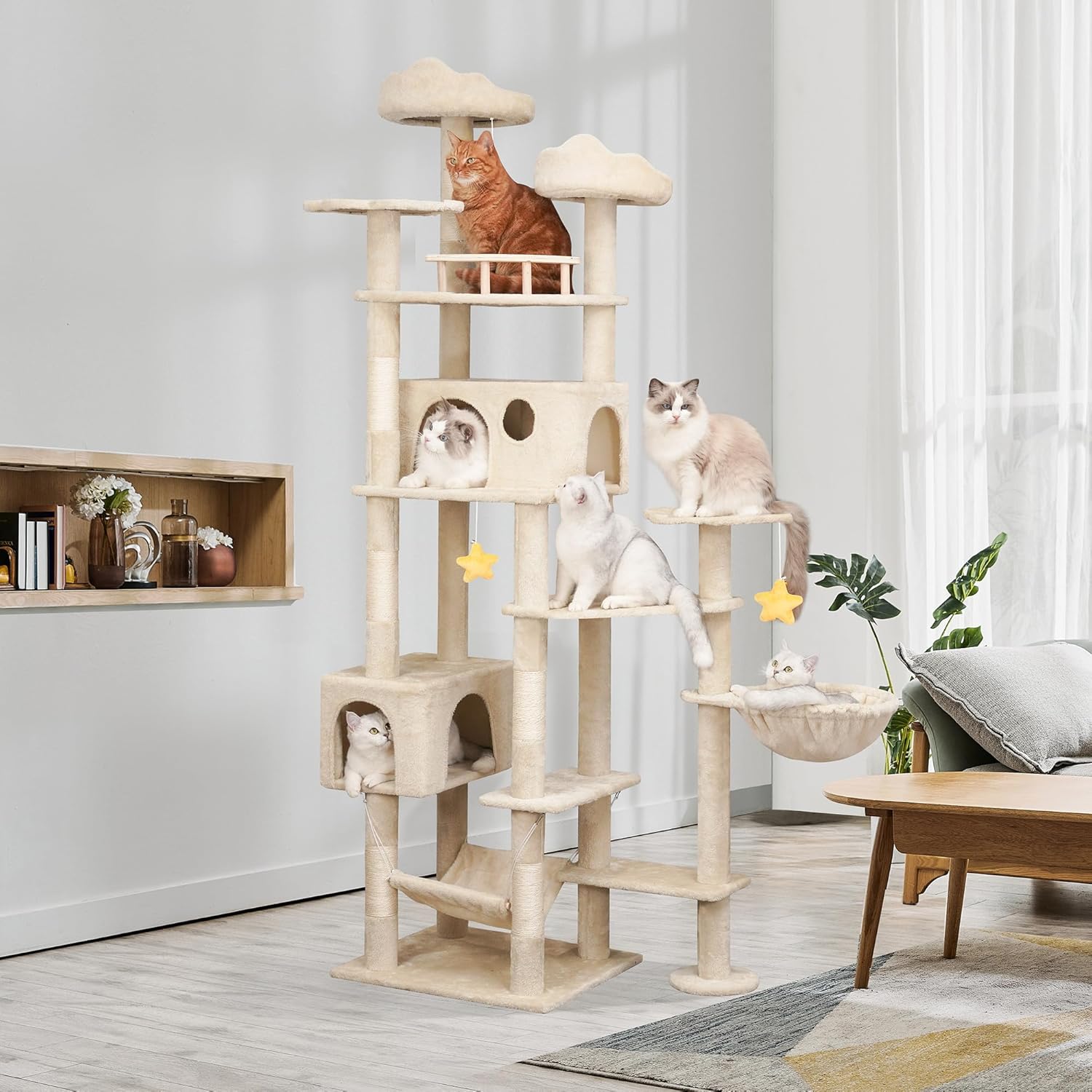 Meecal 79inch Heavy Duty Cat Tree for Indoor Cats Large Adult, Tall Giant Cat Tower with Scratching Post, Large Perches, Cozy Cat Condos & Hanging Hammocks, Beige