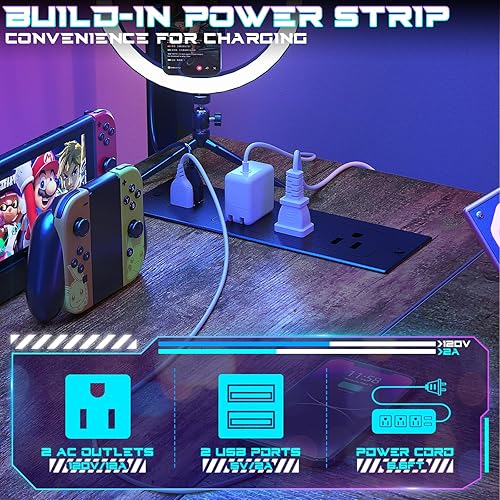 Miniatura 7 de Homieasy Escritorio pequeño para juegos con tomas de corriente, luz LED de tablero de clavijas, escritorio de computadora en forma de L de 43