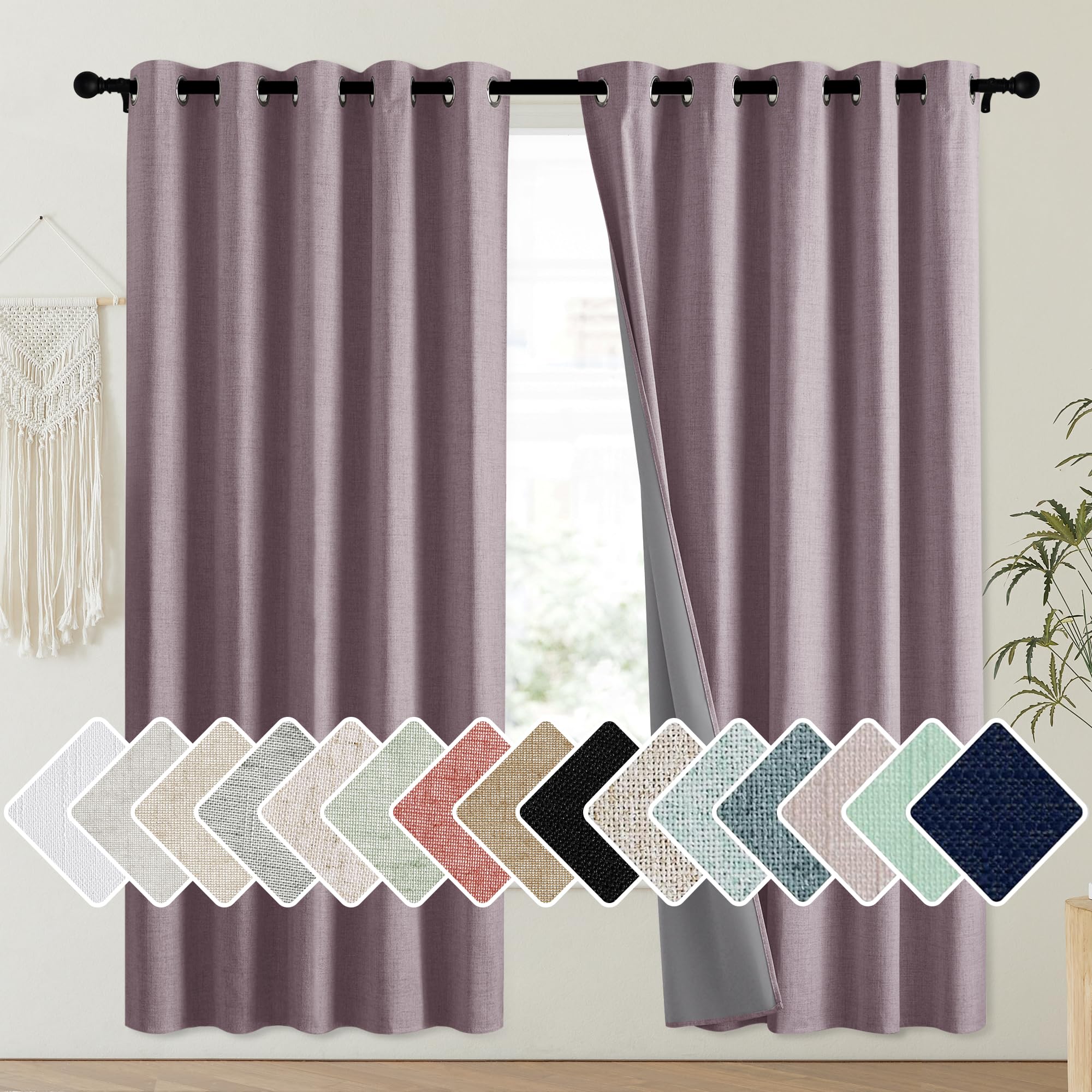 Photo 1 of NICETOWN Chaise Mauve Vintage Linen 100% Blackout Curtains for Playroom, Thermal Insulated Curtains 72" Long, Noise Reducing Window Treatment Drapes for Laundry Room, 62" Wide Per Panel, Set of 2