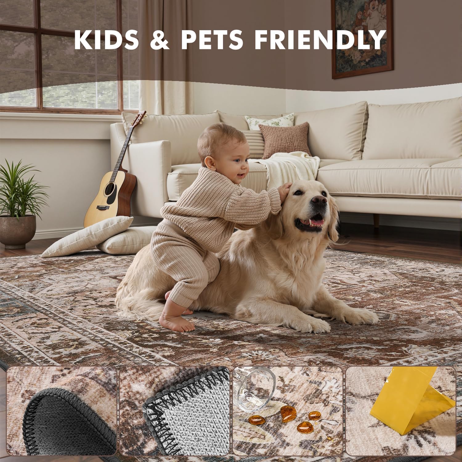 Brown Washable 5x7 Area Rugs for Living Room Rug Bedroom Rug Carpet Neutral Vintage Dining Room Rugs for Under Table Soft Comfortable Non Slip