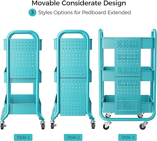 Miniatura 7 de DESIGNA Carrito de almacenamiento de 3 niveles con tablero de clavijas extraíble y ganchos de cestas de almacenamiento adicionales, carritos de arte
