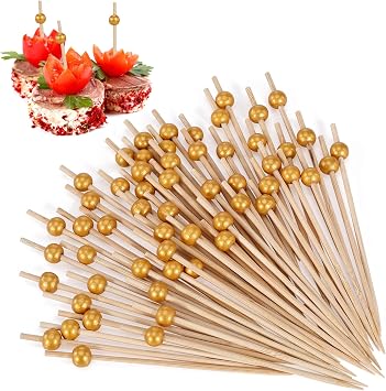 [100 PCS] Cocktail Picks Toothpicks for Appetizers - 4.7 inch Wooden Golden Ball Cocktail Skewers for Appetizers, Food Picks for Drink Fruit, Party Supplies Decorations Charcuterie Boards Accessories