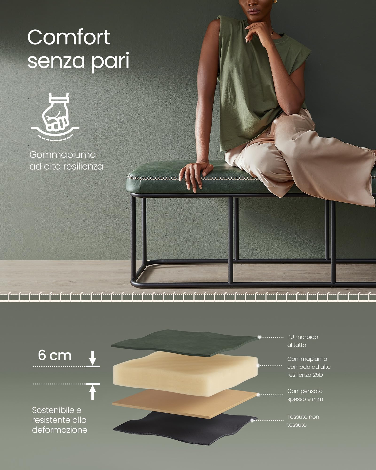 VASAGLE EKHO Collezione - Panca da Ingresso Camera da Letto, PU con Cuciture, Struttura in Acciaio, Soggiorno Sala da Pranzo, Moderno di Metà Secolo, Portata di 300 kg, Verde Foresta LOM073C01