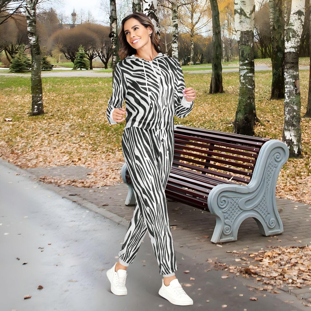 Conjunto deportivo de 2 piezas con textura de piel de cebra para mujer, conjunto deportivo de manga larga con estampado de piel de animal