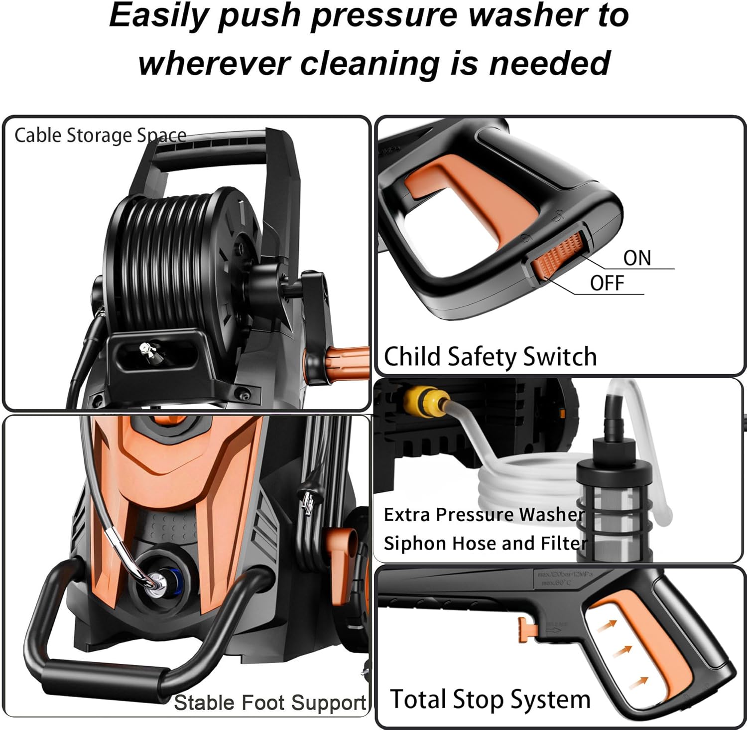 Pressure washer features including child safety switch and Total Stop System