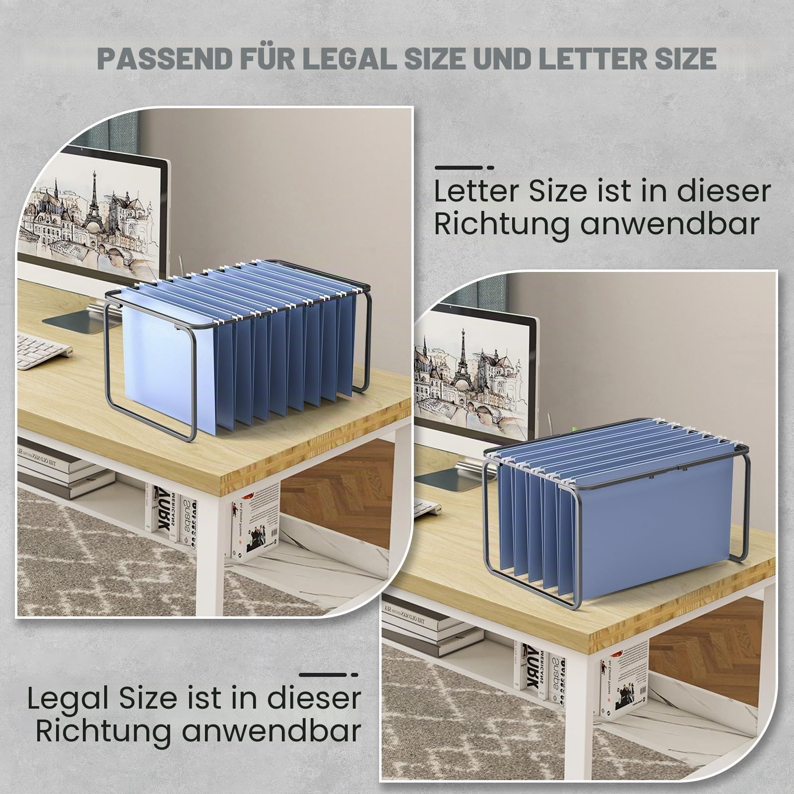 Hängeregistratur-Rahmen, rechtliche/Briefgröße, verstellbare Länge 40,6–63,5 cm, 32,598 W 24 cm H, Hängemappenhalter für Schreibtisch-Organizer und Metallschiene in Aktenschrankschublade, 2