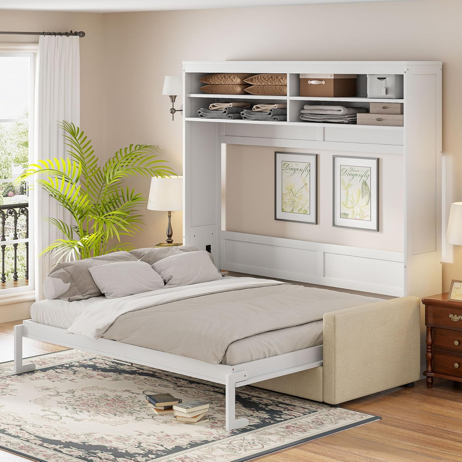 Queen Size Murphy Bed, Wooden Wall Bed with Sofa & Shelf