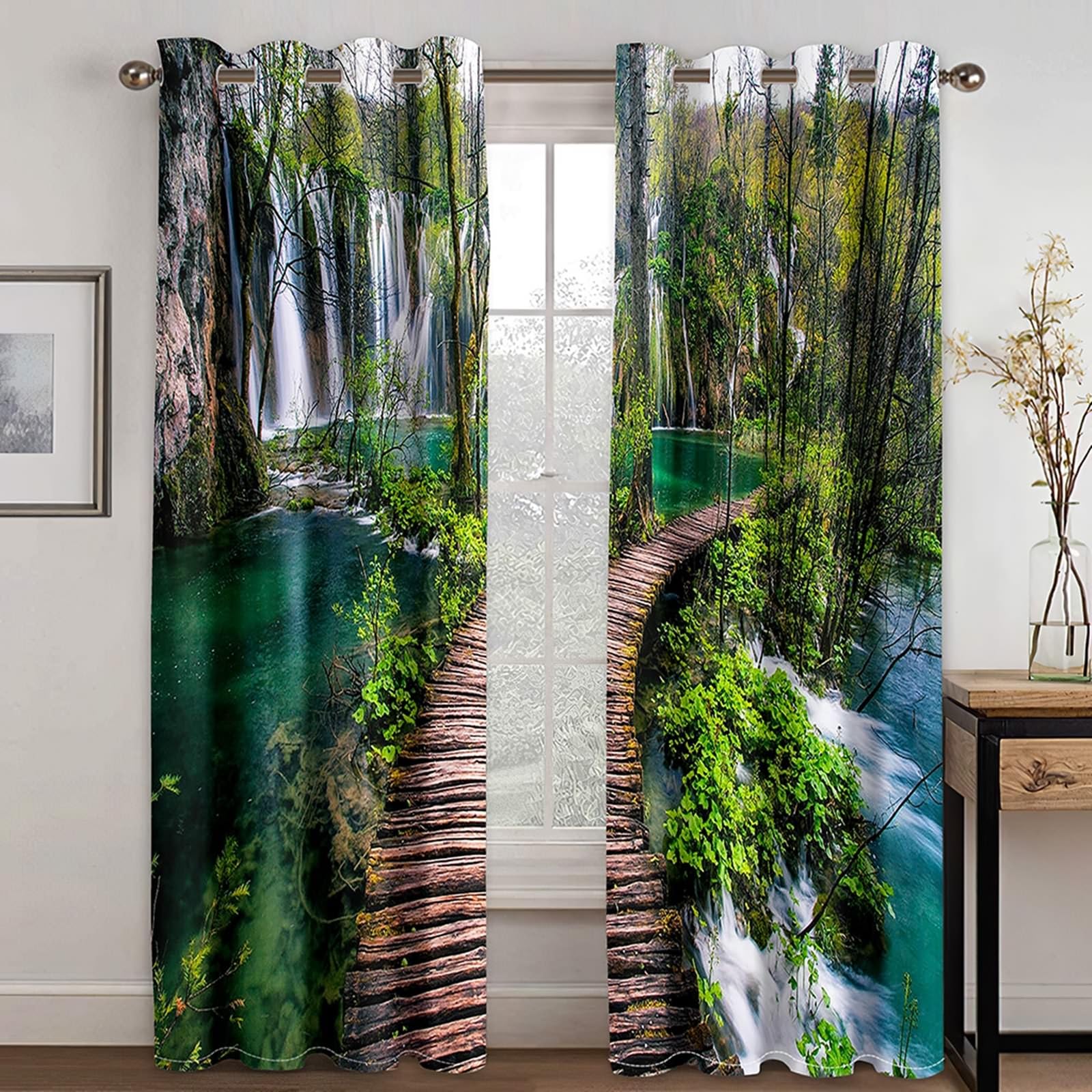 Gualiy Vorhänge Ösen 2er Set, Vorhang Blickdicht 214x274cm Natur Wasserfalllandschaft Vorhang Schlafzimmer