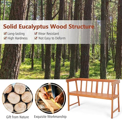 Miniatura 7 de HAPPYGRILL Banco de madera para exteriores, banco de madera para 2 personas con respaldo ergonómico y reposabrazos, marco de madera de eucalipto