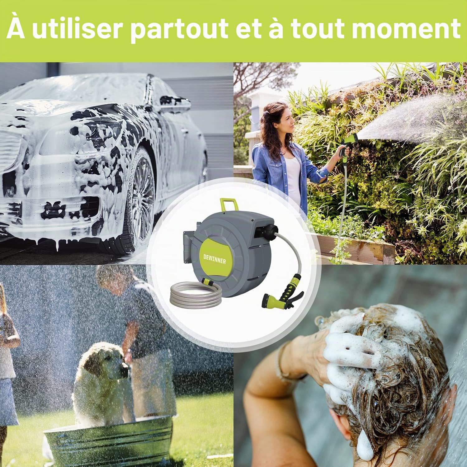 DEWINNER Enrouleur Tuyau Arrosage Mural, 20 +2M Enrouleur Automatique Mural avec Buse de Pulvérisation, Support de Rembobinage Automatique, Tuyau Arrosage Avec Enrouleur, Arrosage Extérieur de Tuyau