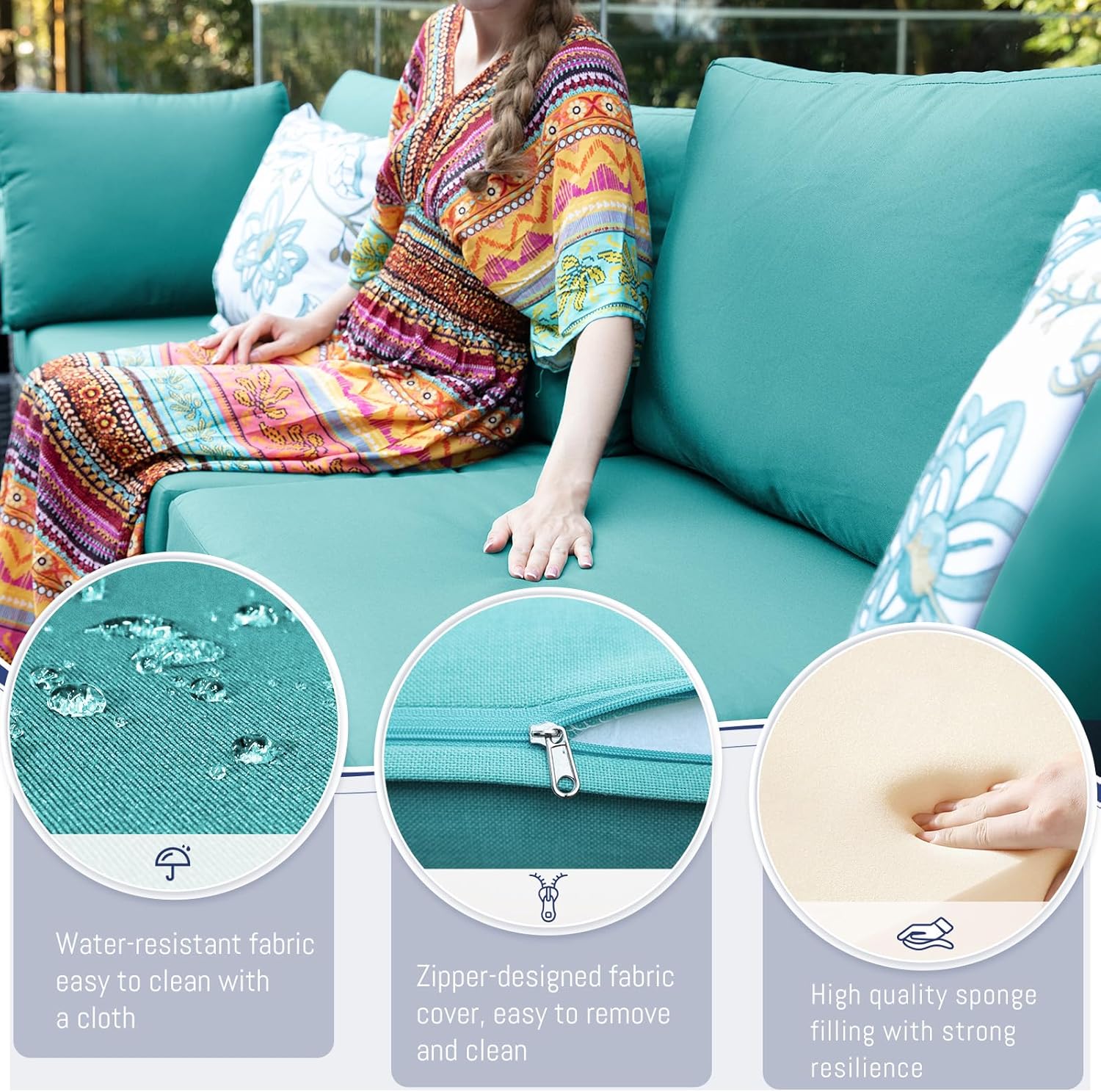 BULEXYARD Large High Back Grey Rattan Patio Furniture Set with Propane/Gas Fire Pit Table, Luxury Deep Wide Seat Outdoor Sectional Sofa, Modern Wicker Modular Conversation Couch (11Pcs-A, Aqua Blue)