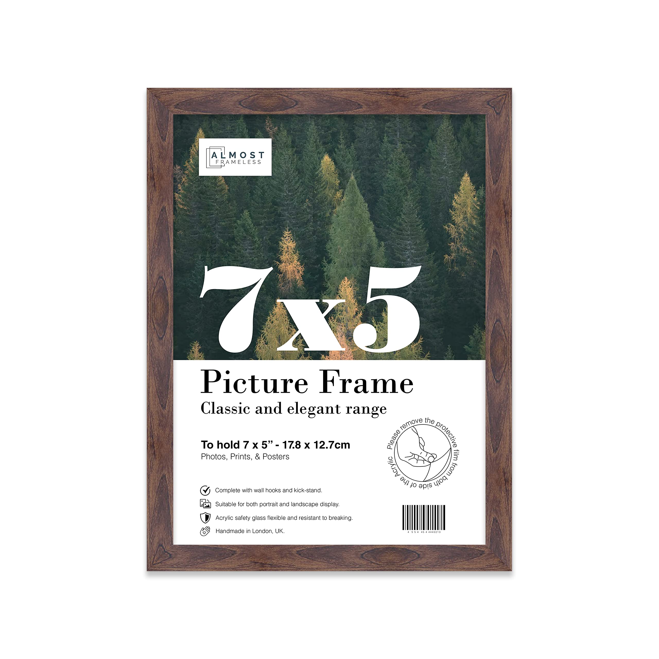 Almost Frameless 7x5 Walnut Picture Frame 7"x5"(17.7x12.7cm) Poster, Photo, Artwork, or Print. Thin Edge Slim Frame Portrait and Landscape Display with Wall Hooks