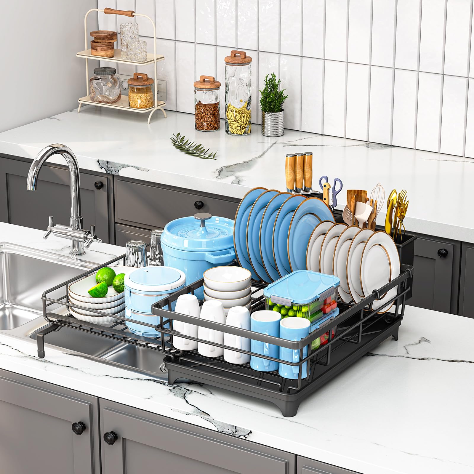 Egouttoir Vaisselle, Extensible Égouttoir à Vaisselle avec Porte-ustensiles, Économisez de l'espace Egoutoire Vaisselle Cuisine et Drainage Automatique, pour Cuisine, Noir