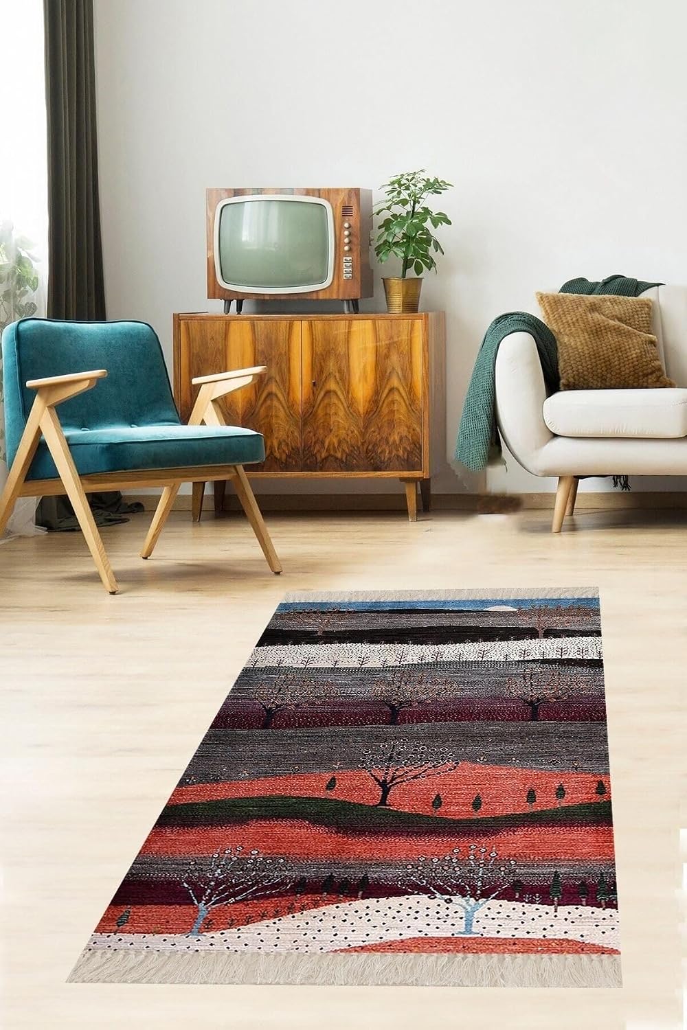 Pelangi Ağaç Desenli Dijital Baskı Yıkanabilir Kaymaz Taban Etnik Kilim Desen Salon Halısı Ve Yolluk, Gri 120 x 180