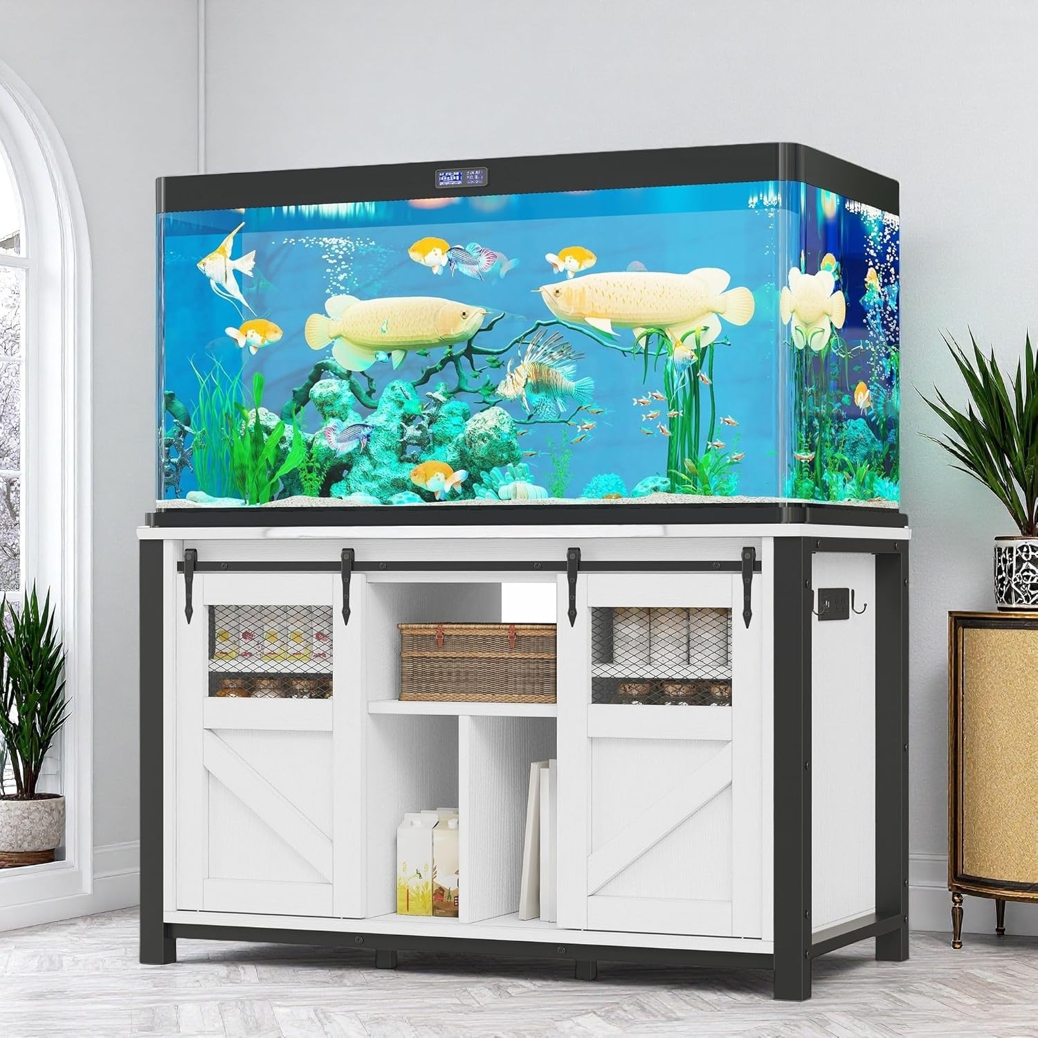dwvo 40-120 gallon fish tank stand with power outlets, heavy duty large aquarium stand with barn door, reptile tank with storage terrariums table for turtle fish, white