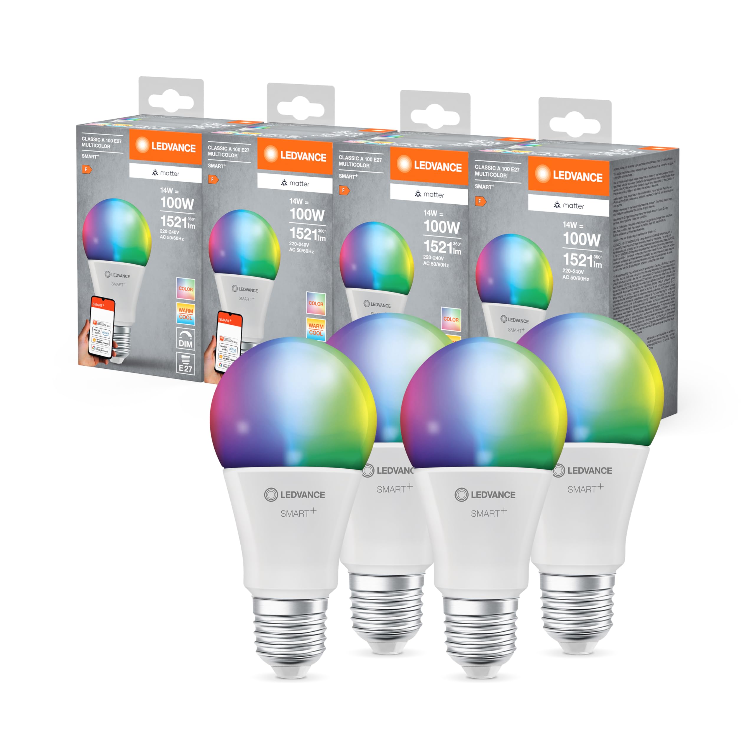 LEDVANCE Ledvance SMART+ MATTER LED-Lampe, weiße Frost-Optik, 14W, 1521lm, klassische Glühlampenform mit E27, Farblicht und Weißlicht, App- oder Sprachsteuerung, bis zu 20.000 Std. Lebensdauer, 4-Pack