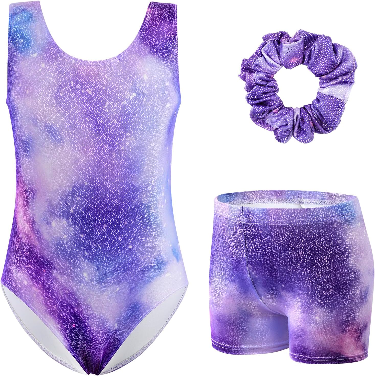 Girls Three-Piece Gymnastics Leotards Set Sleeveless Leotards with Shorts and Hairband Sparkly Gradient Color Ballet Dance Unitards Gymnastics Outfits for Kids 3-12 Years