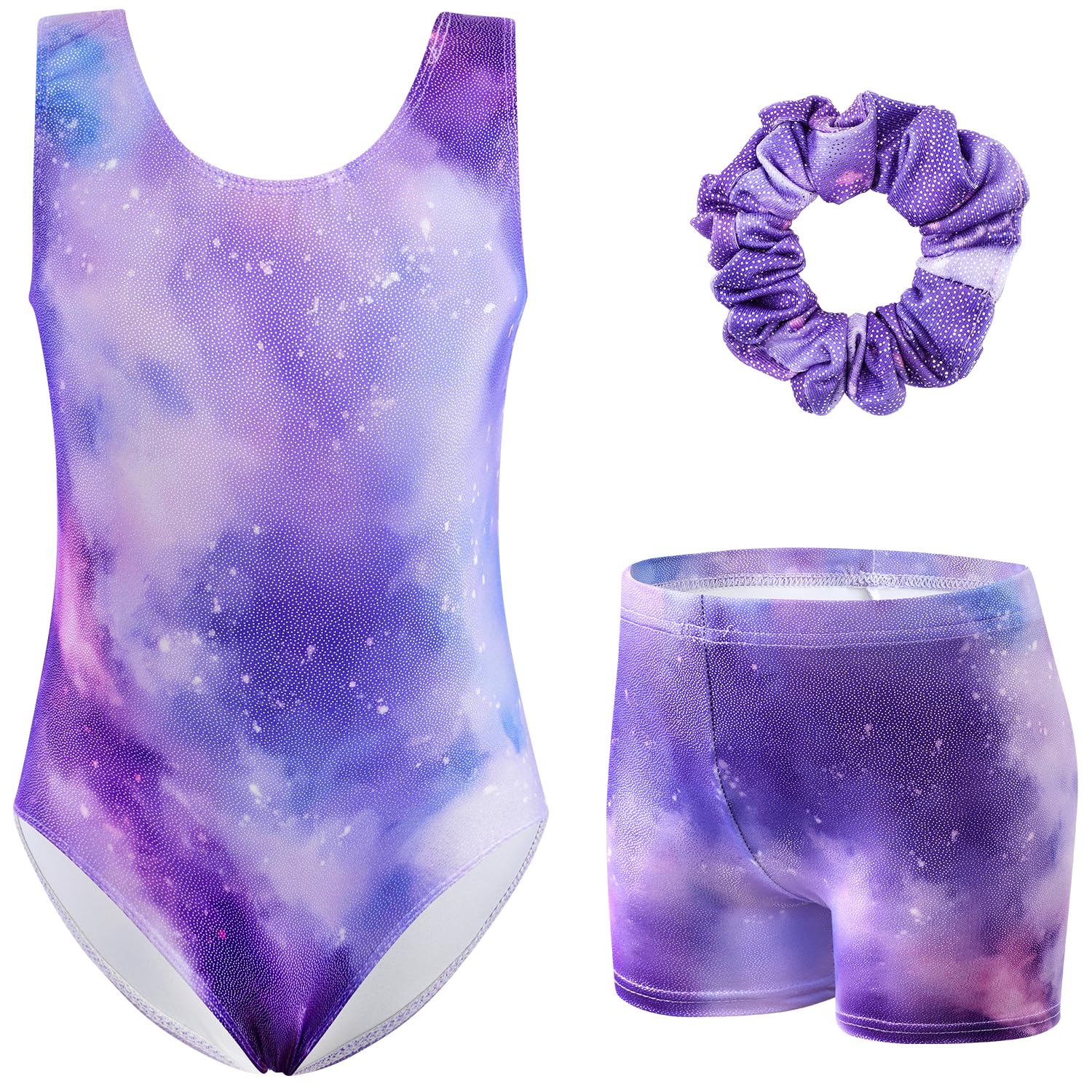 XiaoMoSha Gymnastics Leotards for Girls with Shorts and Hair Tie Sparkly Ballet Dance Set Biketards Outfit for Kid 3-12 Years