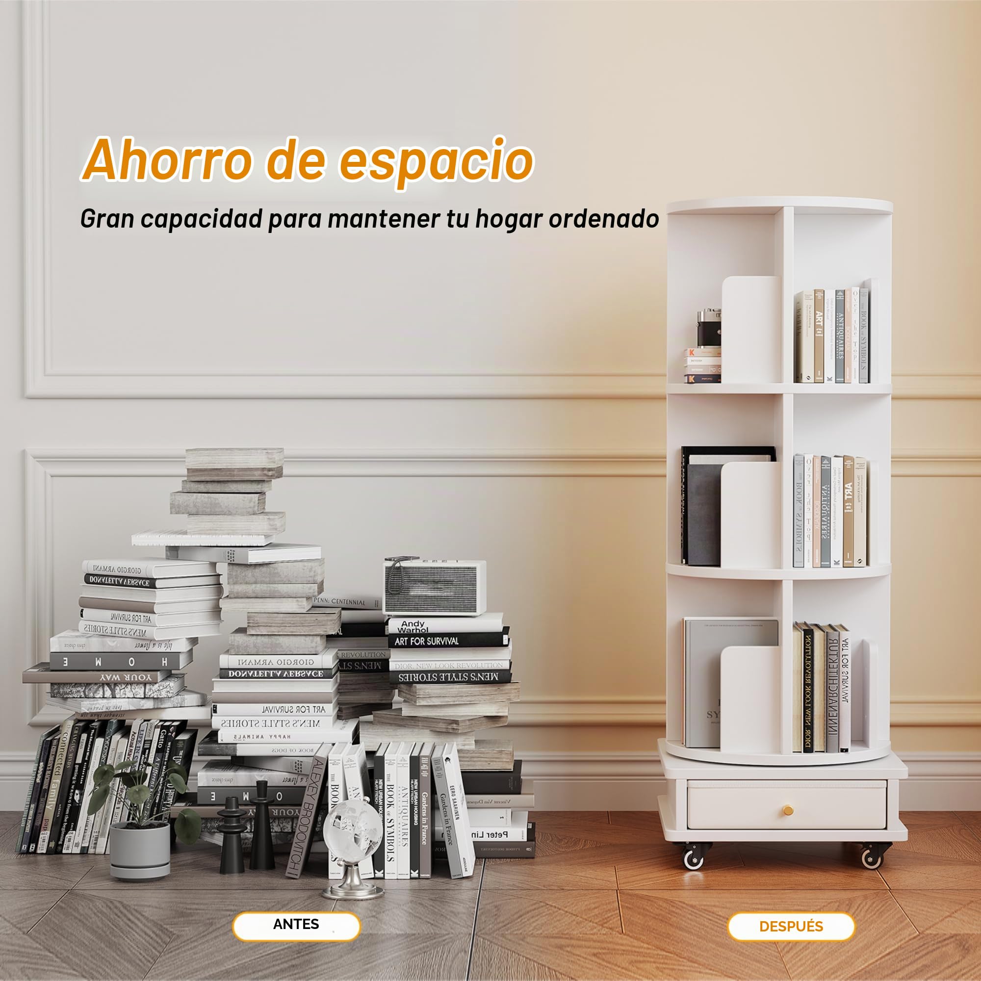Librerías giratoria de 3 estantes, Librerías rotación de 360°, estantería Multifuncional 1 cajón para salón, Dormitorio, Estudio, Oficina, Blanco