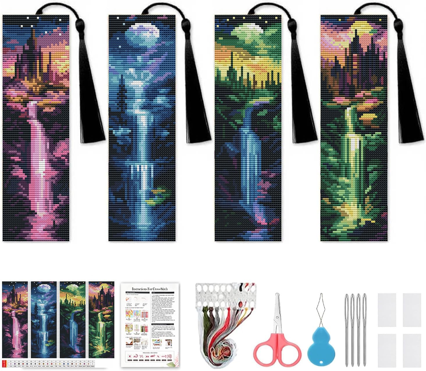NEGEKFKX 4 Pcs Cross Stitch Bookmark Kit for Adult Beginners,Four Waterfalls Cross Stitch Kits 14 CT DIY Cross Stitch Kits Adult Stamped Bookmark Embroidery Bookmarks Kit