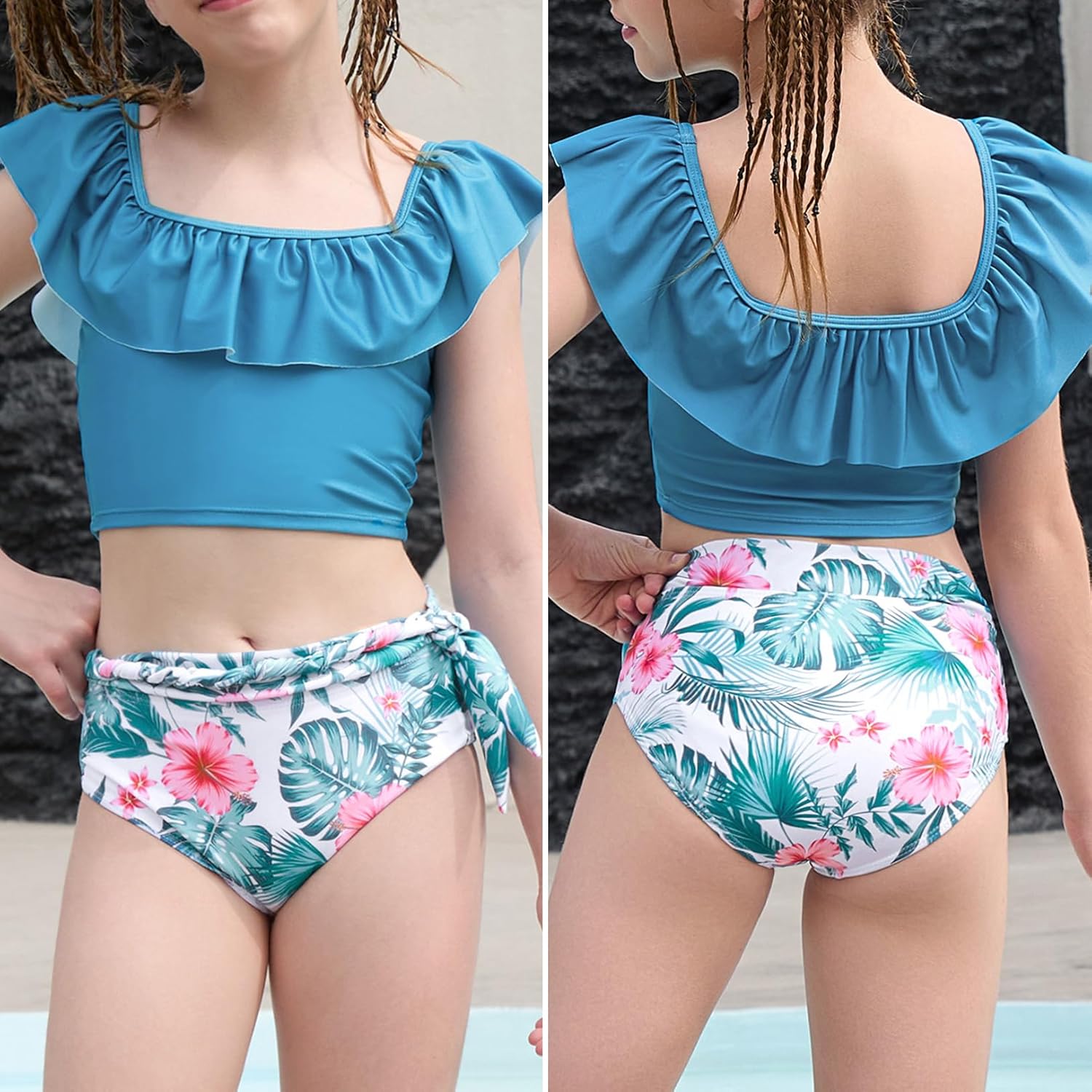 Jxstar Swimsuits for Girls 2 Piece Ruffles Neck Bikini Summer Bathing Suit with Printed Swim Shorts and Chest Pad - Image 2