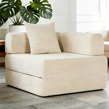 sogesfurniture Convertible Sofa Bed,Single Boneless Couch with Memory Foam,Portable Deep Seat Sleeper Chair for Comfortable Use&Support,Beige
