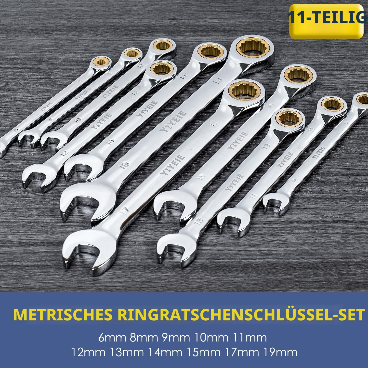 11TLG Ratschenschlüssel Set 6-19 mm, 72-Zähne-Gold-Ringmaulschlüssel Set, Cr-V-Stahl mit Rolltasche, für Fahrräder, Autos, Heimwerkerarbeiten, Metrisch Größe 6, 8, 9, 10, 11, 12, 13, 14, 15, 17, 19mm