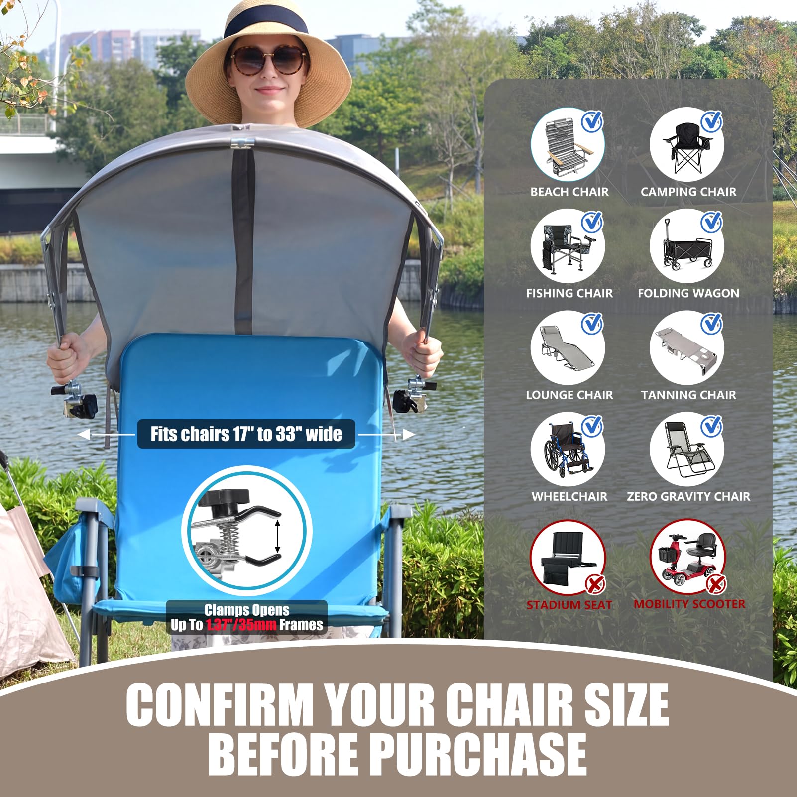 Universal Wind-Resistant Chair Umbrella Canopy, Foldable Portable UPF 50+ Sun Shade Attachment with Adjustable Clamp, Fits Most Beach, Camping, Lawn, Sports, Tanning, Zero Gravity Chairs & Wheelchairs — view 3
