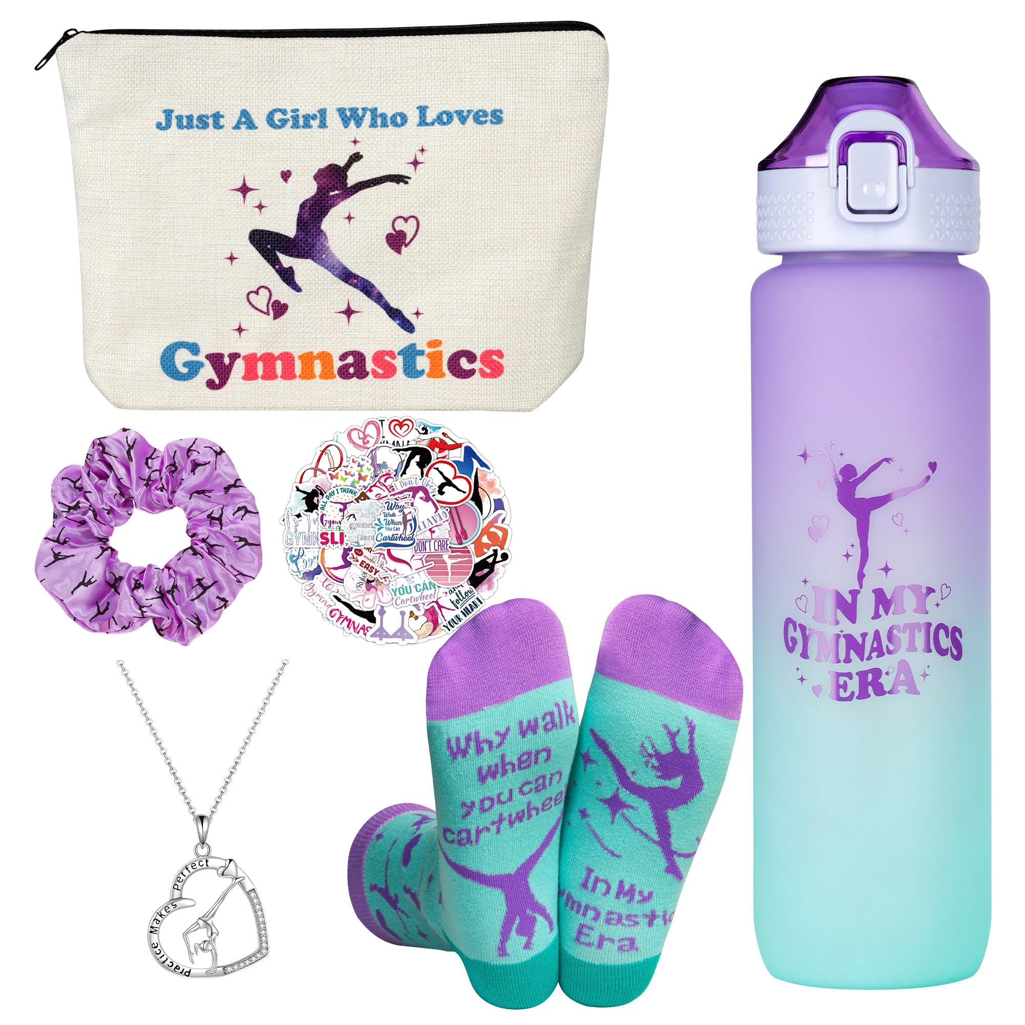 GiftGlow Gymnastics Gifts for Girls - Gymnastics Water Bottle, Cosmetic Bag, Necklace, Scrunchie, Socks, 50 Pcs Stickers - Gymnastics Party Favors for