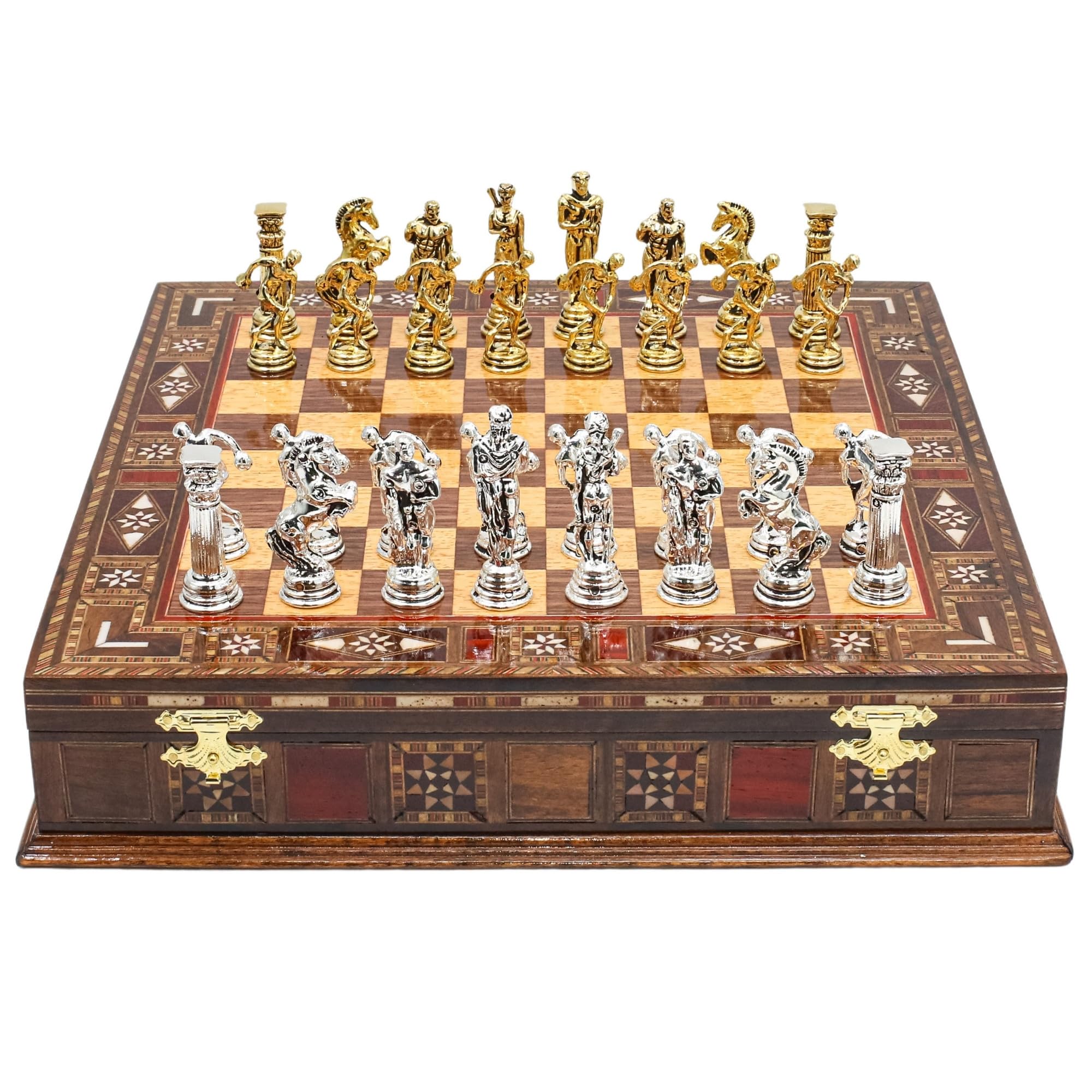 Handmade Storage Chess Set with Greek Mythology Discus Pieces | 12 Inch (30 Cm) | Historical Die Cast Metal Chessmen & Solid Wood Board…