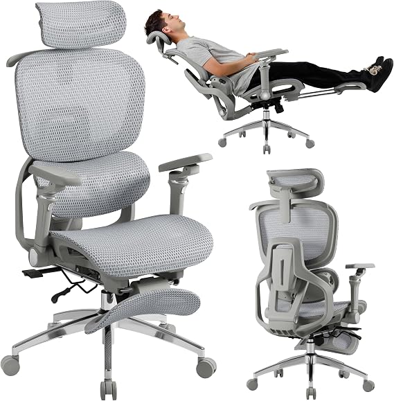 Furmax Ergonomic Office Chair, High Back Executive Chair with Heated Massage Lumbar Support, 6D Armrests, Adjustable Headrest & Footrest, Breathable Full-Mesh Design, Gray