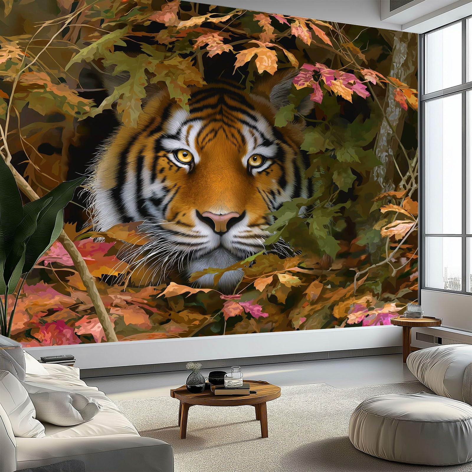 Tapeta Panoramiczna Las Zwierzęta Tygrys, Premium Włóknina Fototapeta 350 x 256 cm, Kamuflaż Wzór Plakat do Salonu Sypialni Dziecięcej Sypialni Dekoracja ścienna