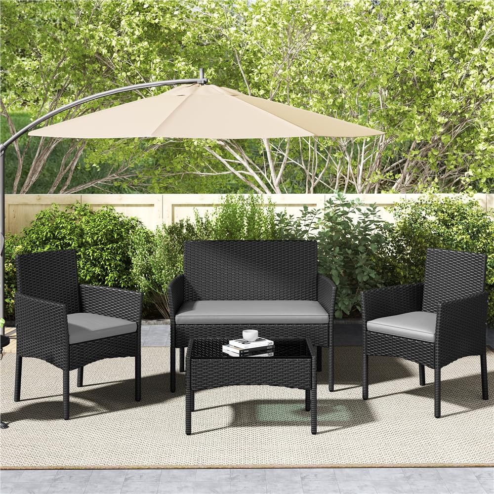 Yaheetech Set di Mobili da Giardino da Balcone 4 Pezzi in Polyrattan con Divano a 2 Posti 2 Poltrone 1 Tavolo per Esterni Patio Giardino Nero/Grigio Chiaro