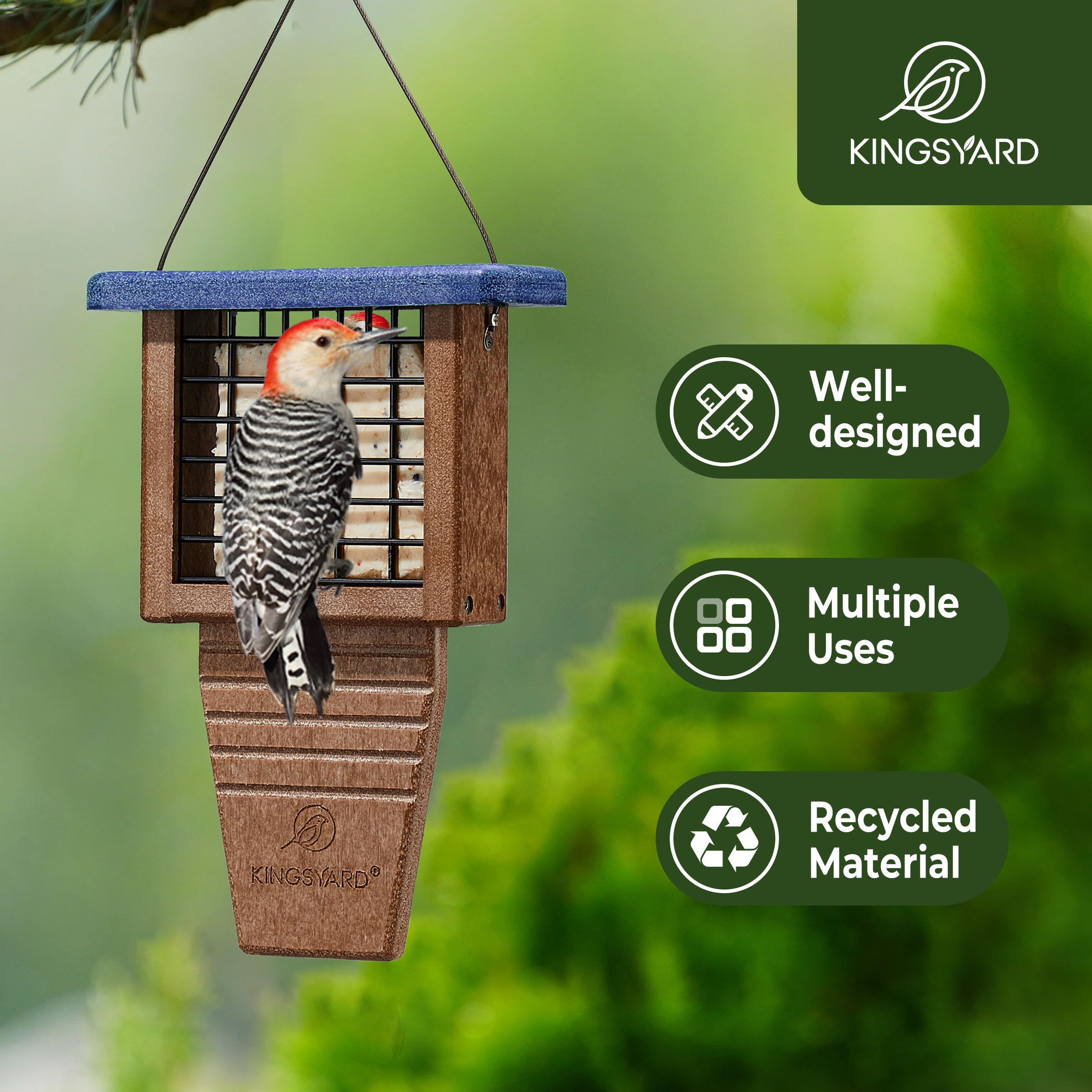 Kingsyard Comedero de sebo de plástico reciclado para pájaros, comedero de sebo para colgar en el exterior, resistente y duradero, ideal para pájaros carpinteros y pájaros adheridos, color azul